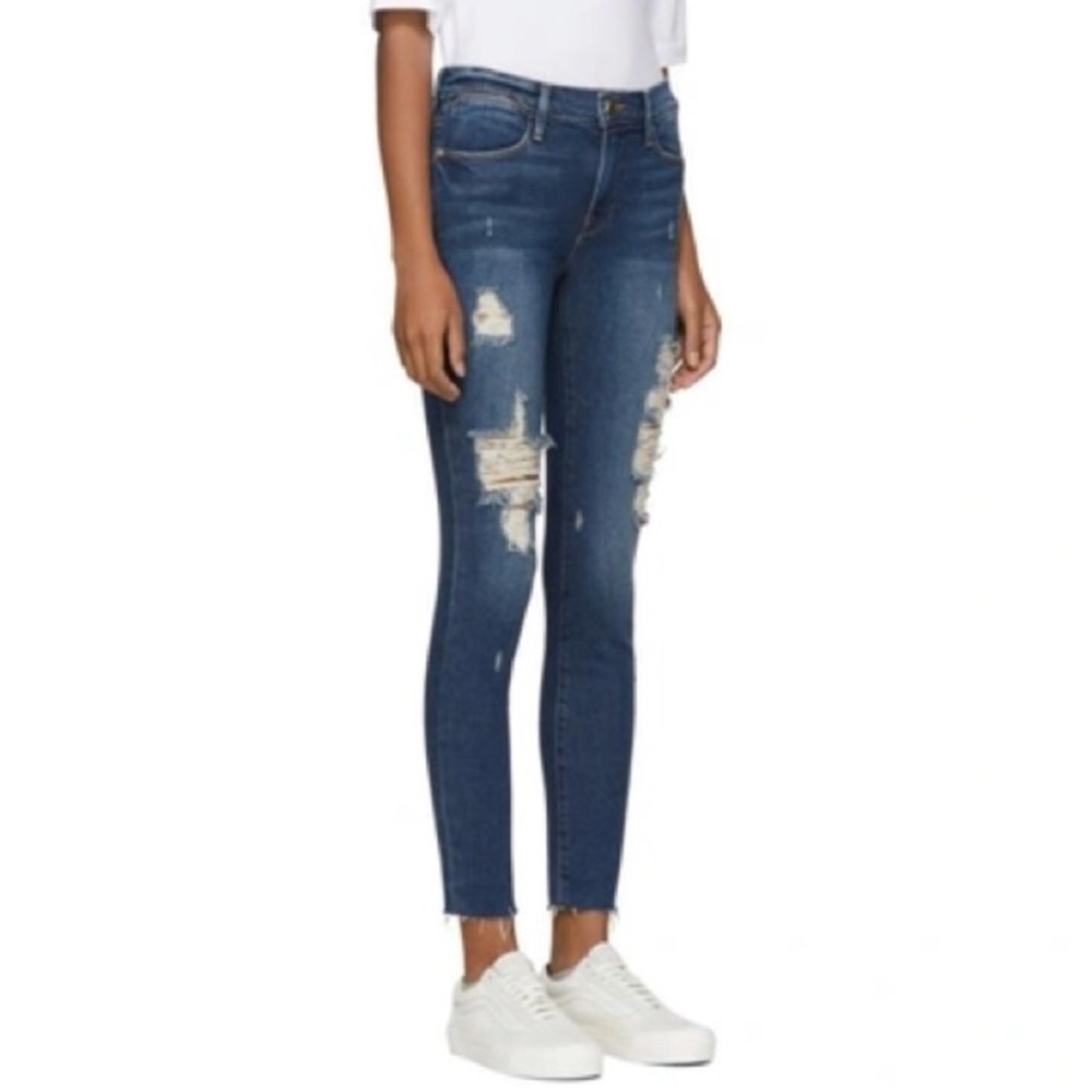 FRAME “Le High Skinny” Distressed Dark Blue Raw Hem Jeans Size 24